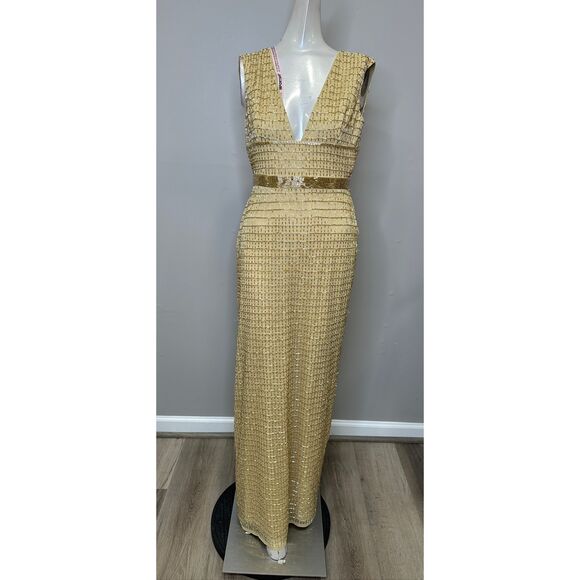 MAC DUGGAL Gold Beaded Cap Sleeve V Neck Column Gown In Gold US 2 $598 - Picture 4 of 10